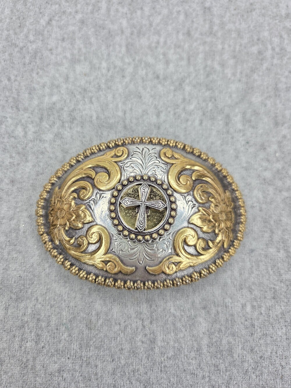 Nocona Mens Silver and Gold Cross Large Oval Western Belt Buckle Style 3756645